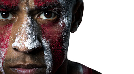 Obraz premium Close up of a young man s face with striking red and white war paint or tribal markings isolated on transparent background