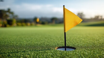 game, entertainment, sport and leisure concept - close up of flag mark in hole on golf field, no logos, no brands