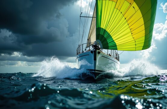 A sailboat with a colorful spinnaker sails through choppy waters under a stormy sky, creating a dynamic scene of adventure and movement