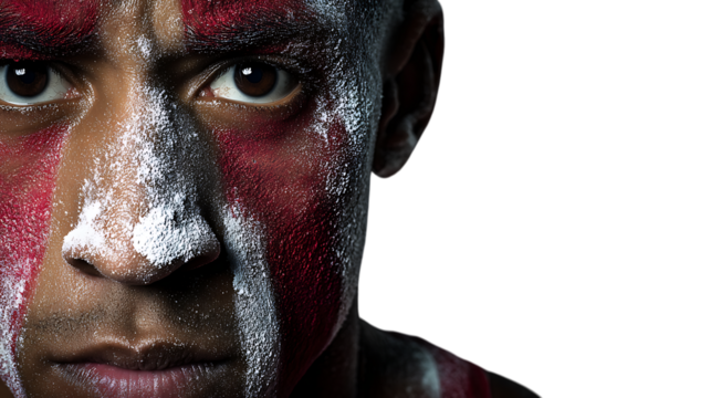 Close up of a young man s face with striking red and white war paint or tribal markings isolated on transparent background - Powered by Adobe