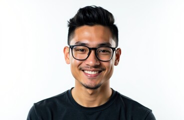 Fototapeta premium A smiling young man with glasses and styled hair poses against a plain white background