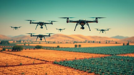 Drones surveying farmland field.