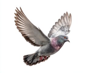 Obraz premium Graceful Flying Dove in Action Against White Backdrop, Isolated for Nature and Wildlife Themes