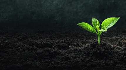 business + entrepreneur + growth concept. A small green plant emerges from dark soil, symbolizing growth and renewal.