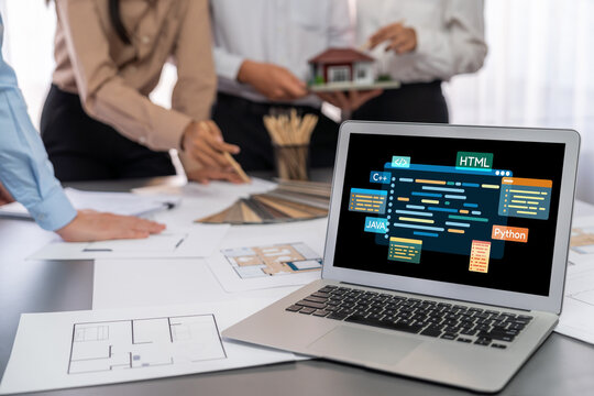 Software development or programming work with coding screen of various programming languages like HTML, , , and C brisk for new application development