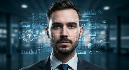 Businessman with Futuristic Data Overlay Technology, Analytics, and Business Intelligence Concept