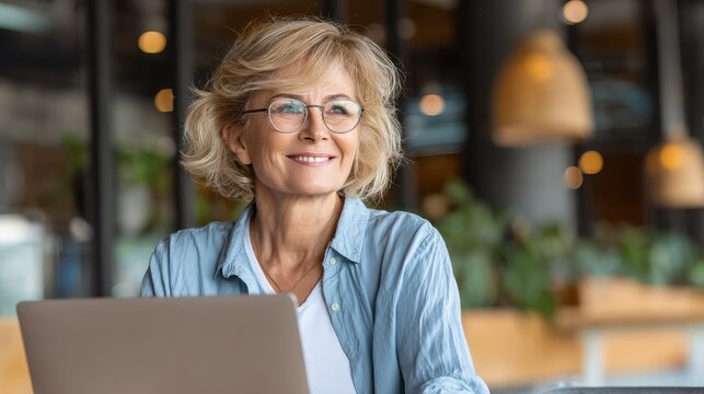 Smiling mature middle aged business woman using laptop working on computer sitting at desk. Happy old businesswoman hr holding cv interviewing distance applicant, senior seeker searching job online.,