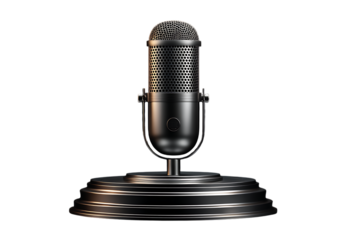 Classic vintage style microphone with perforated head and metal stand isolated on transparent background