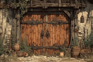 Rustic wooden doors leading to an old building surrounded by barrels and greenery in a serene outdoor setting