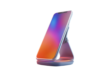Modern smartphone with colorful screen displayed on a sleek charging stand isolated on transparent background