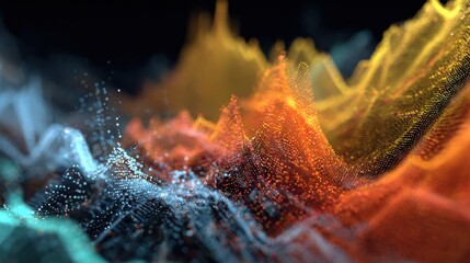 Abstract visualization of data streams and dynamic market trends, showing fluctuating data points and patterns.