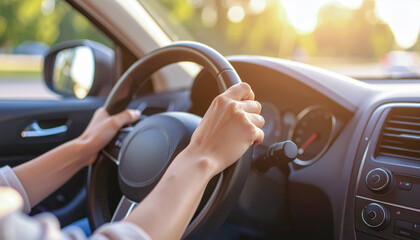 Female Hands on the Steering Wheel Inside a Car in Golden Hour Light with Nature in the Background