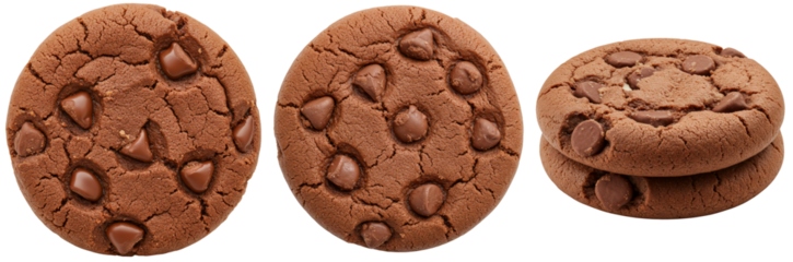 Chocolate chip cookies on white background with different angles  