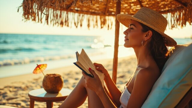 A caucasian woman in a straw hat sits on a beach lounge chair under a straw umbrella, reading a book with a coconut drink beside her, the sea in the background. Concept of leisurely beach holiday