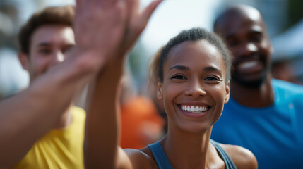Joyful Marathon Runners Celebrating with High Fives in Nature