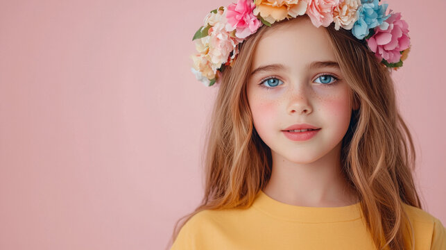 A young girl wearing a flowery headband and a yellow shirt - Powered by Adobe