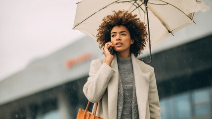 business, bad weather and people and concept - happy african american businesswoman. with umbrella and handbag calling on smartphone at city street, no logos, no brands