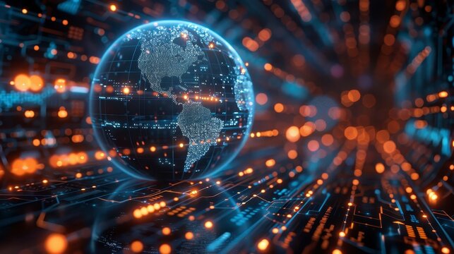 Futuristic Earth hologram on circuits glows, energy, data flowing by
