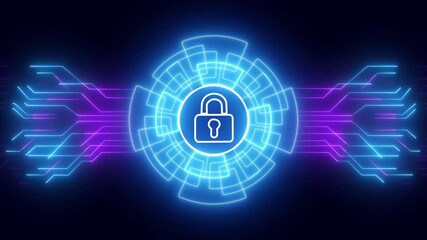 Cybersecurity Lock HUD Interface with Blue Digital Matrix - Data Security Concept Glowing neon Futuristic digital security concept ,cyan and purple  Neon sign lock technology icon animation . - Powered by Adobe