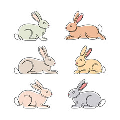 Set of Cute Continuous Line Rabbits