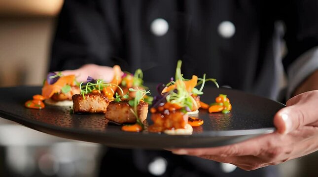 Chef presents gourmet food on plate for fine dining restaurant culinary experience showcase