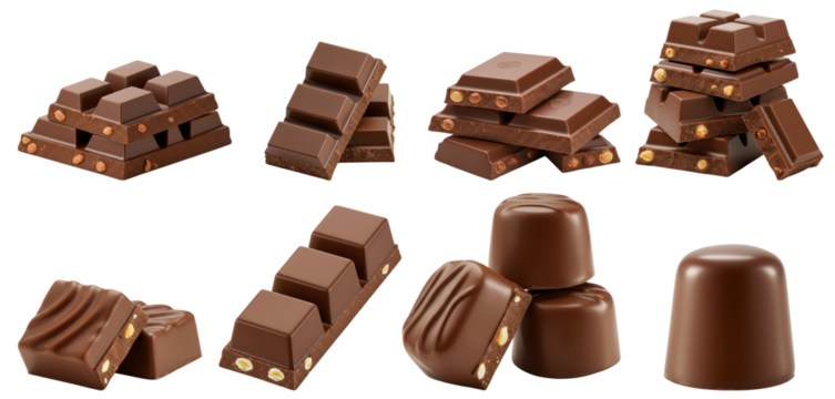 Assorted chocolate bars and candies on transparent background  