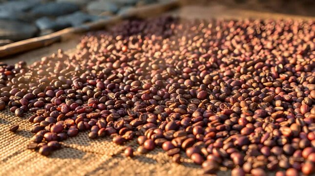 Freshly harvested coffee beans drying on burlap sack in the sun for processing roast