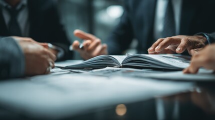 Advisors passing around printed case studies on successful ESG funds and discussing strategies, ESG funds, investment planning