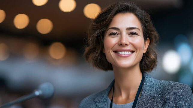 Confident woman leading a business presentation at a conference