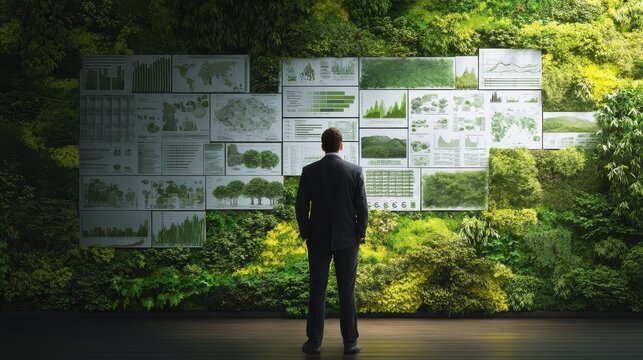 Businessman planning environmental protection, esg display on eco friendly company chart - Powered by Adobe
