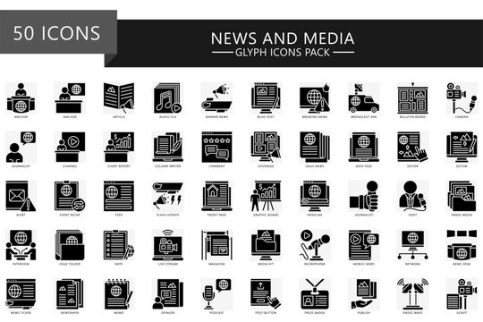 News and media glyph icons set. contain anchor, note, article, breaking news, feed, camera, editor, video, post, magazine, podcast and more. Vector for UI, UX kit, web and app journalism, broadcasting