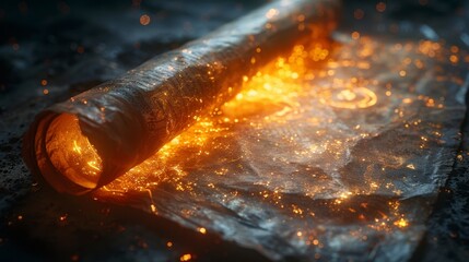 Naklejka premium Unfurling scroll glows, revealing intricate patterns against dark, textured surface