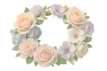 Soft pastel roses and blossoms creating elegant floral wreath, transparent backdrop ideal for wedding stationery and romantic graphic projects