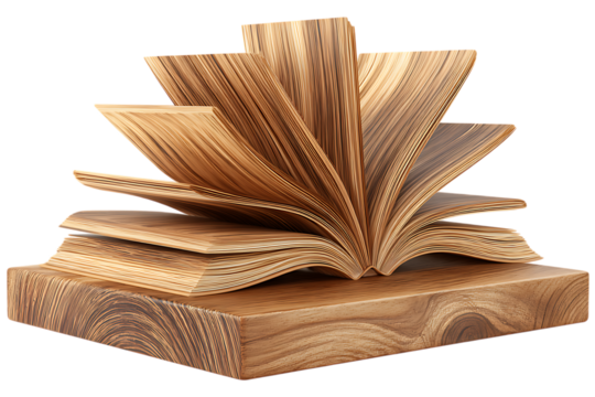 An open book with many pages fanned out and stacked on a wooden block isolated on transparent background