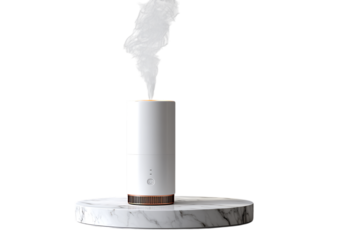 Modern white essential oil diffuser with a copper base emitting a gentle mist on a marble pedestal isolated on transparent background