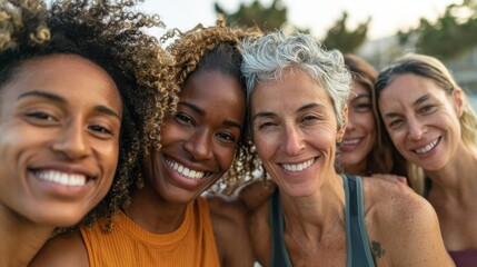 Fototapeta premium Happy multi generational women having fun together - Multiracial friends smiling on camera after sport workout outdoor - Main focus on african female face, no logos, no brands
