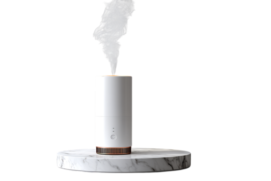 Modern white essential oil diffuser with a copper base emitting a gentle mist on a marble pedestal isolated on transparent background