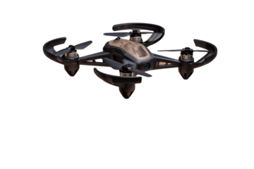 Compact black drone with protective propeller guards and a camera on a transparent background isolated on transparent background