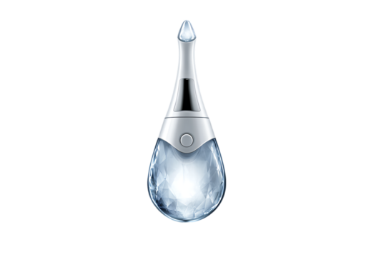 Elegant futuristic beauty device with a crystal clear teardrop shaped base and silver accents isolated on transparent background
