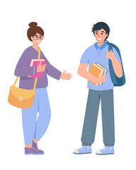 Fototapeta premium Young students with books or tablet and school bags. Smiling teenage girl and boy, college student characters on white background. Education Vector illustration.