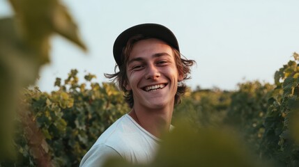 Obraz premium Young happy man smiling at camera in the grape fields, no logos, no brands