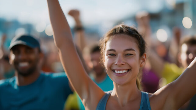 Friends celebrating after a successful group running race event
