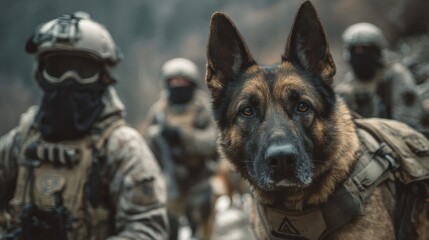 A K9 dog unit in training with the military; canine dogs in the middle of training while wearing a tactical vest and equipment; a german sheppard dog under training by the military; dog training