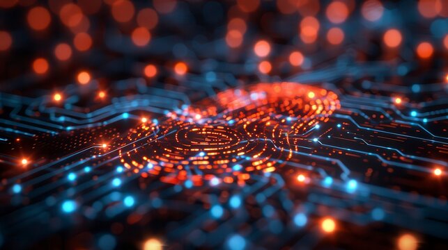 Glowing fingerprint on blue circuit board. Orange highlights surround. Bokeh depth