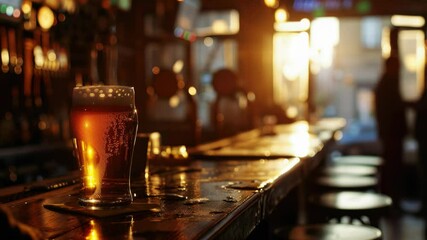 A glass of beer sits atop a wooden bar, perfect for casual gatherings or pub nights