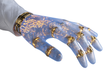 Futuristic robotic hand with glowing blue circuit board patterns and golden joints isolated on transparent background