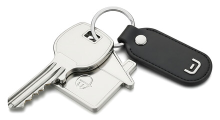 A close up shot of a silver key with a house shaped keychain and a black leather keychain ring on white