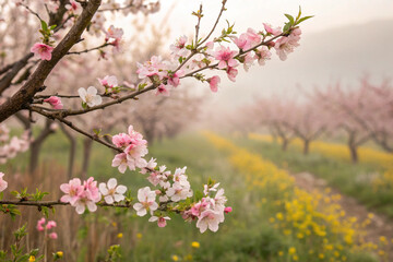 Fototapeta premium Spring flowers background in peach fuzz color. Blooming apple tree.