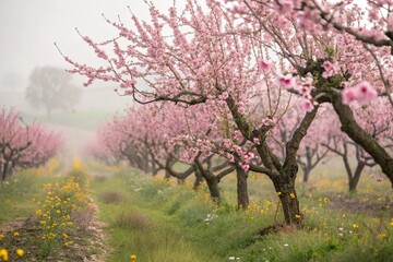 Fototapeta premium Spring flowers background in peach fuzz color. Blooming apple tree.