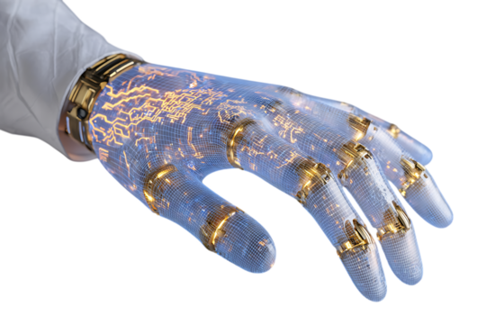 Futuristic robotic hand with glowing blue circuit board patterns and golden joints isolated on transparent background - Powered by Adobe